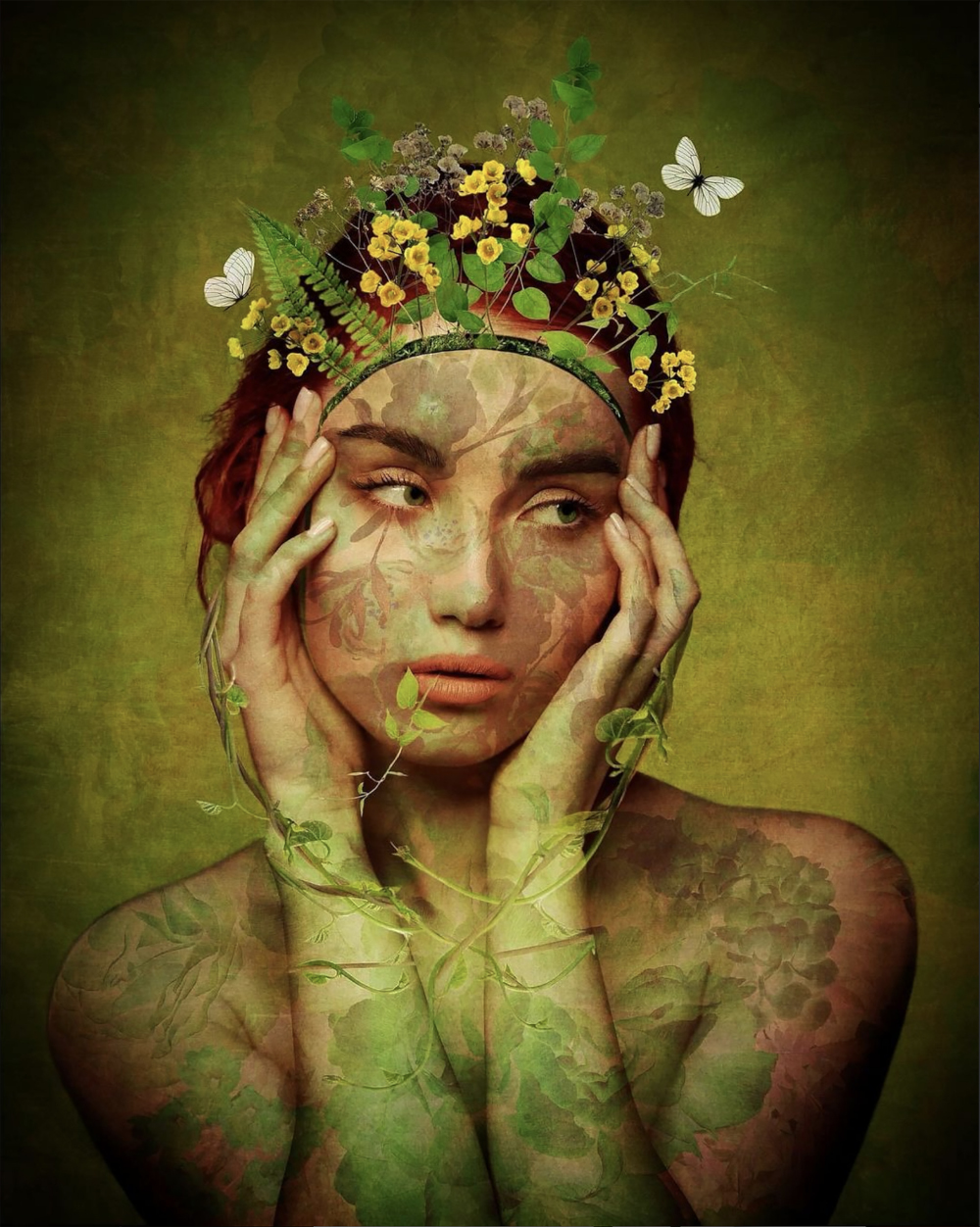 A woman wearing a crown of flowers.